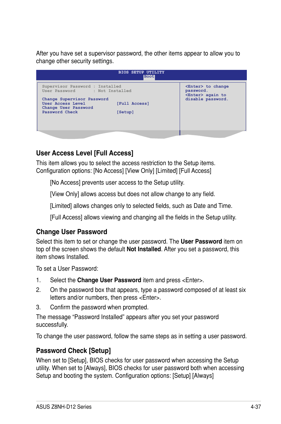 User access level [full access, Change user password, Password check [setup | Asus Z8PH-D12/IFB User Manual | Page 93 / 170