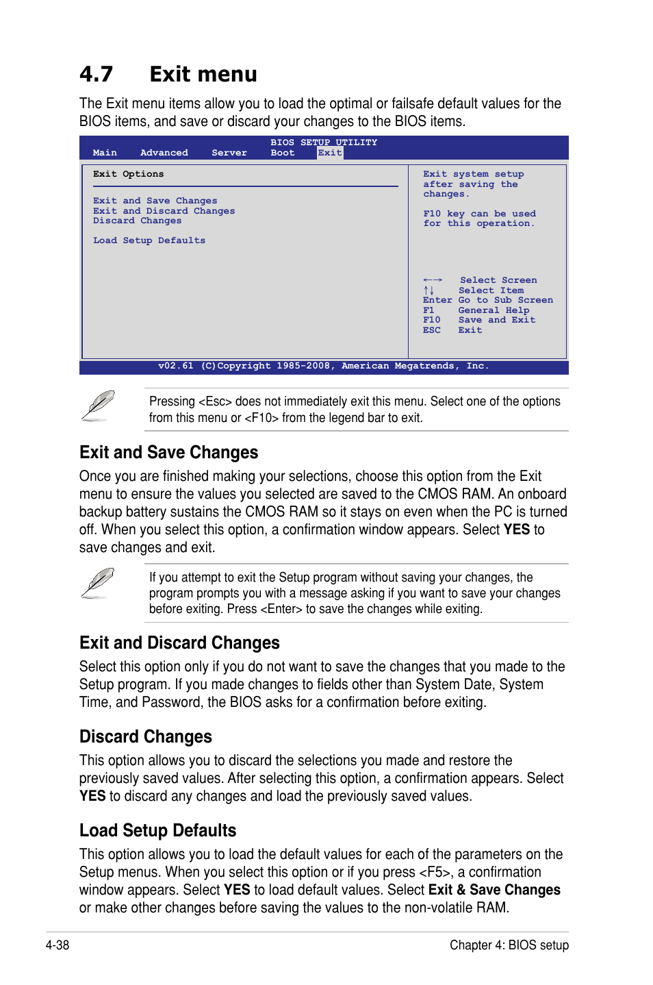 7 exit menu, Exit and save changes, Exit and discard changes | Discard changes, Load setup defaults | Asus Z8PH-D12/IFB User Manual | Page 94 / 170