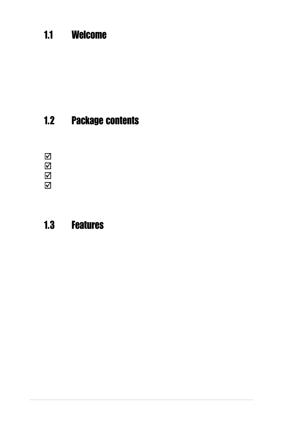 2 package contents, 3 features, 1 welcome | Asus WiFi-b User Manual | Page 10 / 60