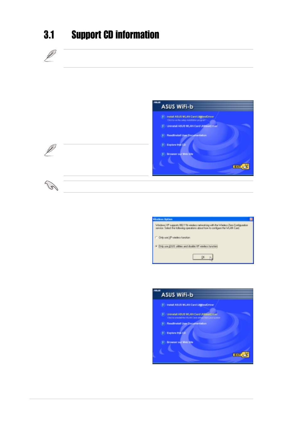 1 support cd information, 2 setting the windows, Xp wireless options | 1 installing the wlan card utilities and driver, 3 other support cd options | Asus WiFi-b User Manual | Page 20 / 60