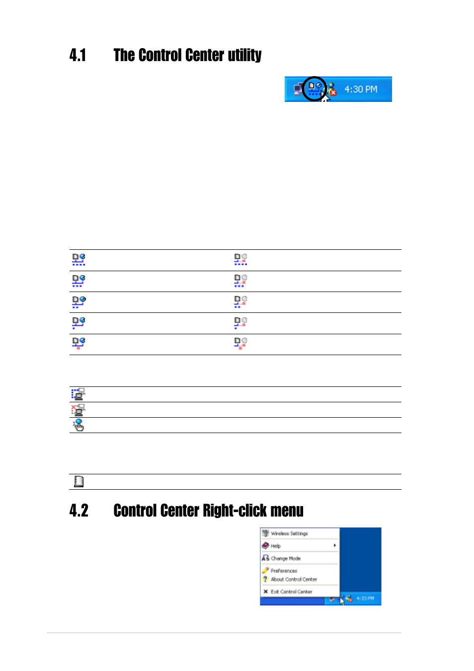 2 control center right-click menu, 1 the control center utility, 1 control center icons | Asus WiFi-b User Manual | Page 36 / 60