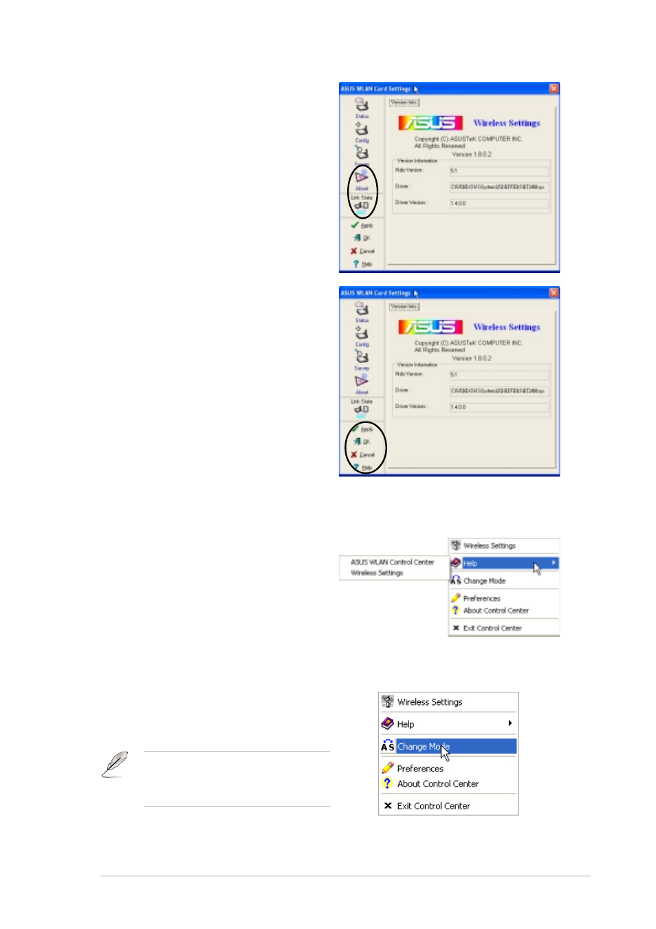 2 help menu, 3 change mode | Asus WiFi-b User Manual | Page 43 / 60