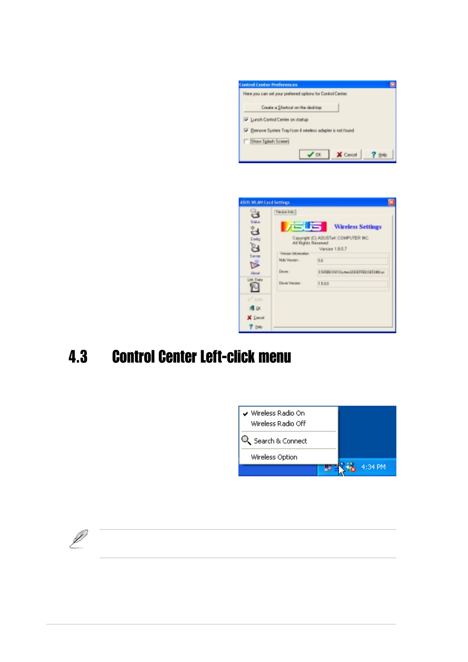 3 control center left-click menu, 5 about control center, 4 preferences | Asus WiFi-b User Manual | Page 44 / 60
