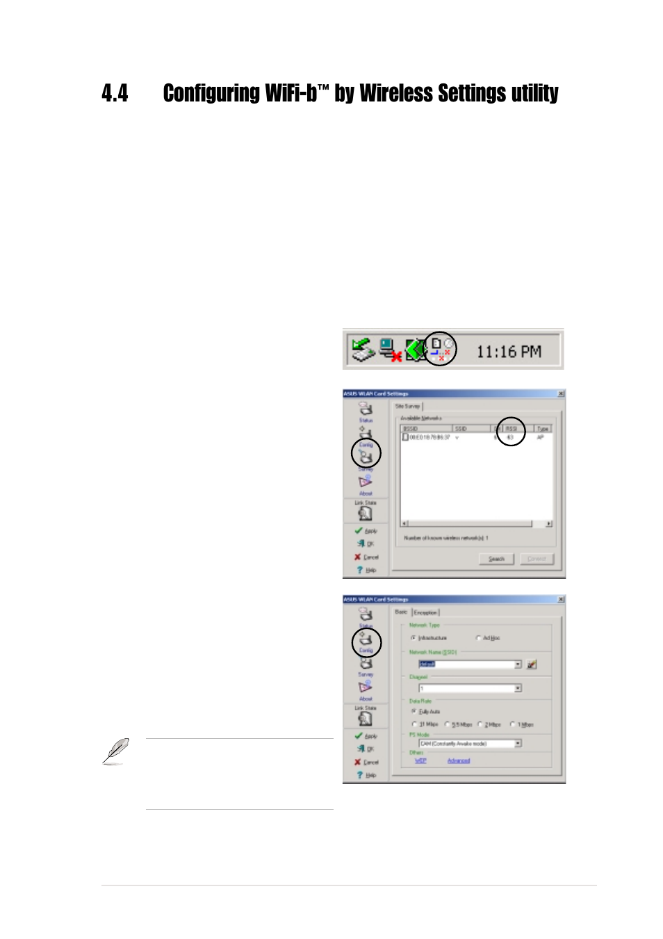 4 configuring wifi-b, By wireless settings utility, 1 station mode (sta) | Asus WiFi-b User Manual | Page 45 / 60