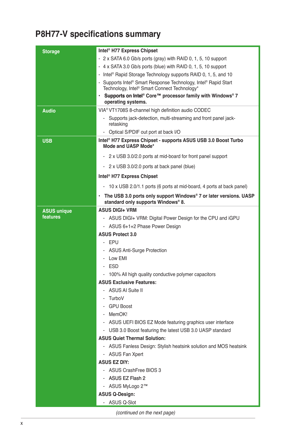 P8h77-v specifications summary | Asus P8H77-V User Manual | Page 10 / 90