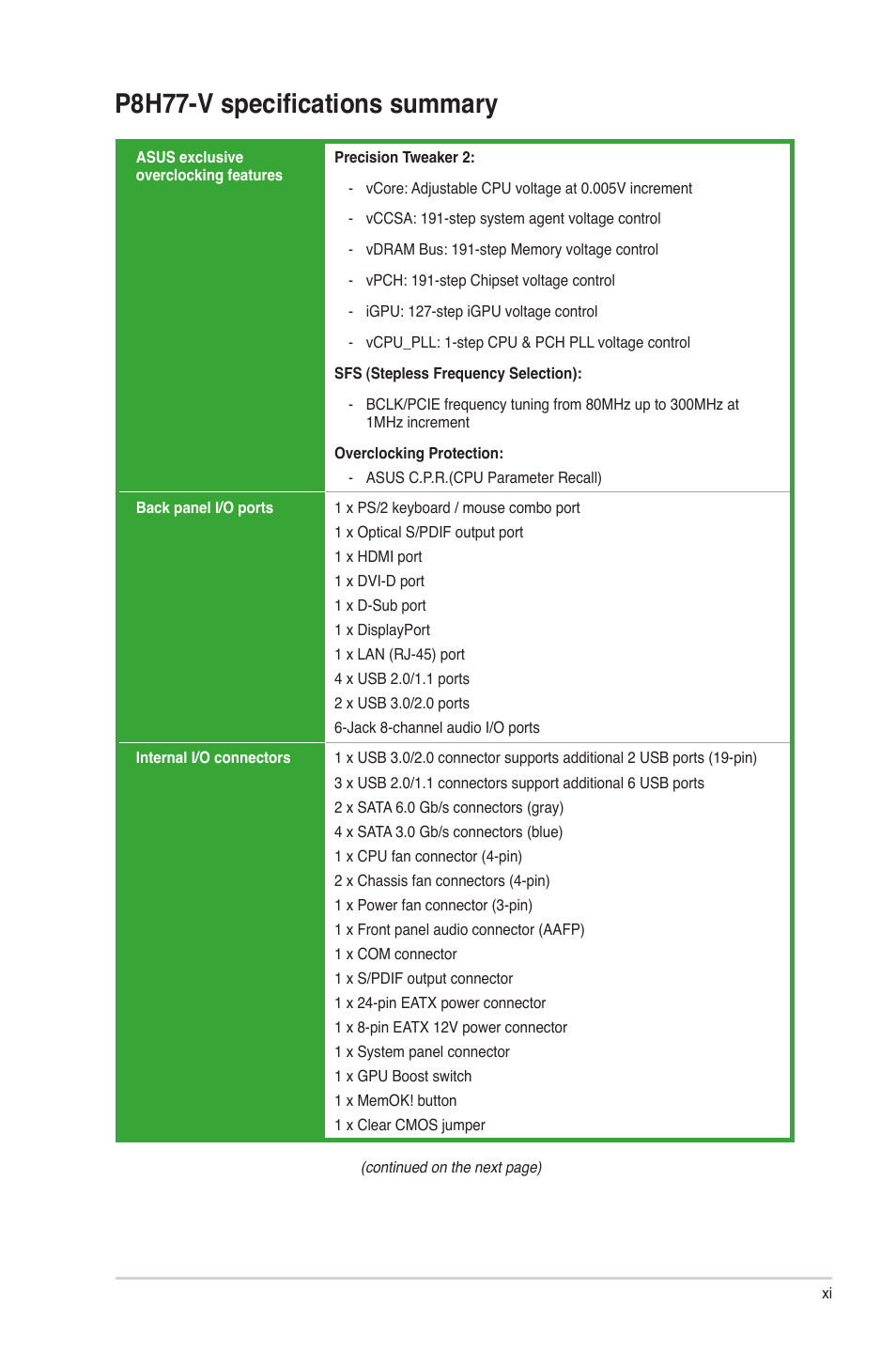 P8h77-v specifications summary | Asus P8H77-V User Manual | Page 11 / 90