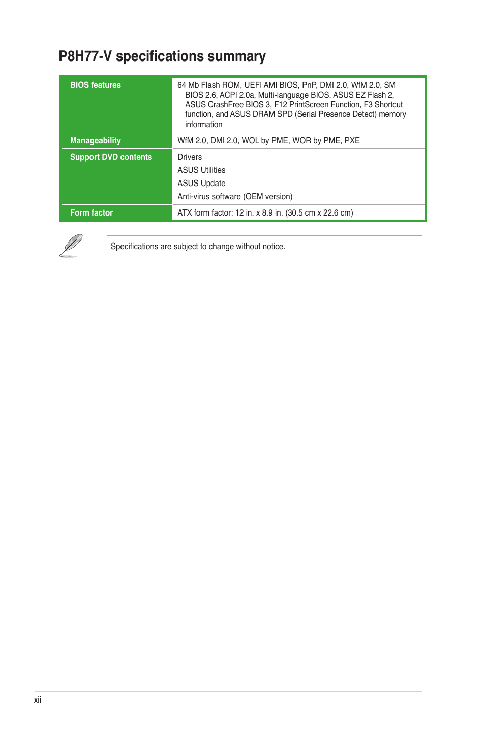 P8h77-v specifications summary | Asus P8H77-V User Manual | Page 12 / 90
