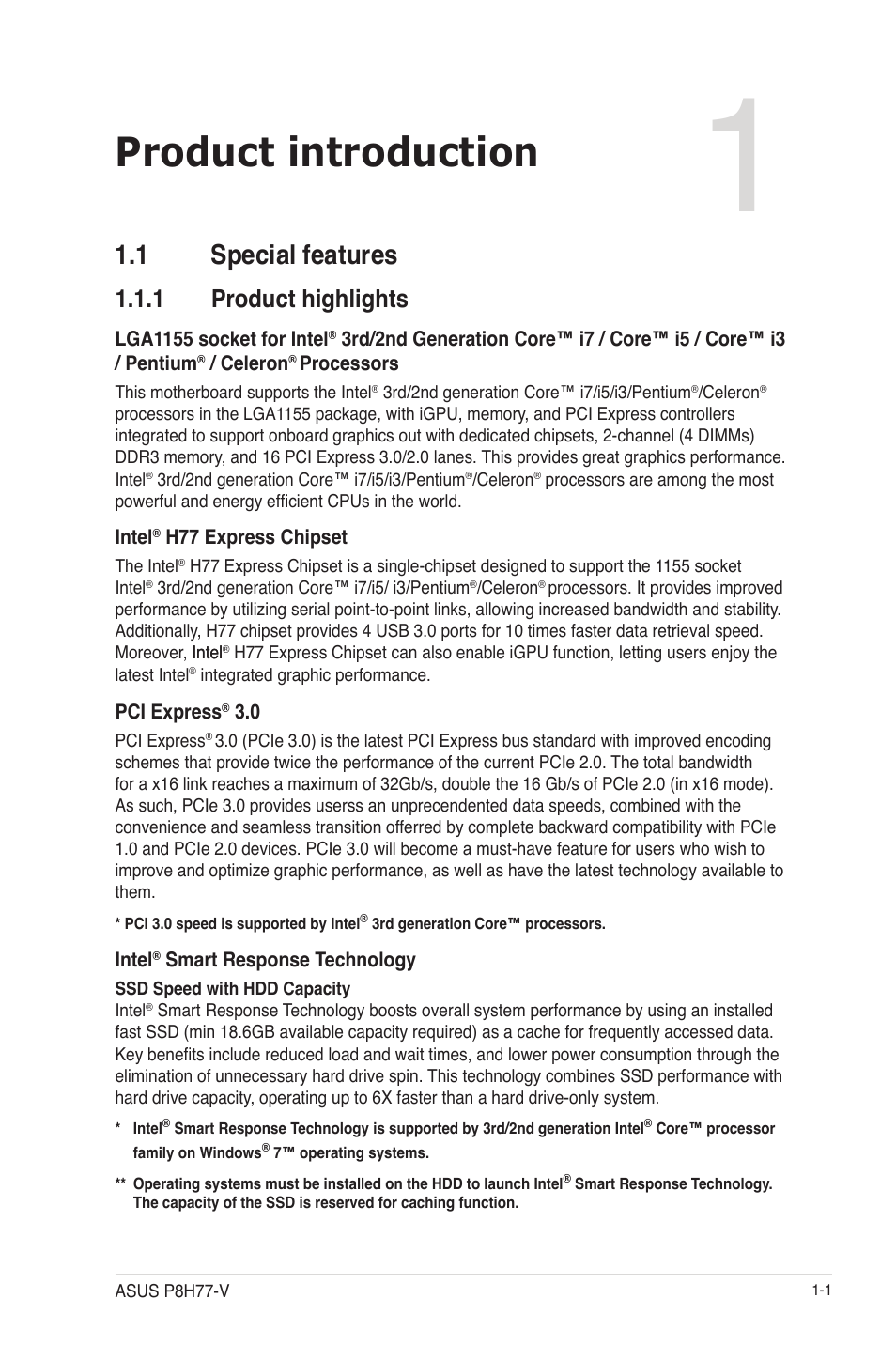Chapter 1: product introduction, 1 special features, 1 product highlights | Product introduction, 1 special features -1, Product highlights -1 | Asus P8H77-V User Manual | Page 15 / 90