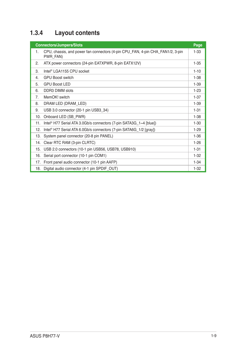 4 layout contents, Layout contents -9 | Asus P8H77-V User Manual | Page 23 / 90