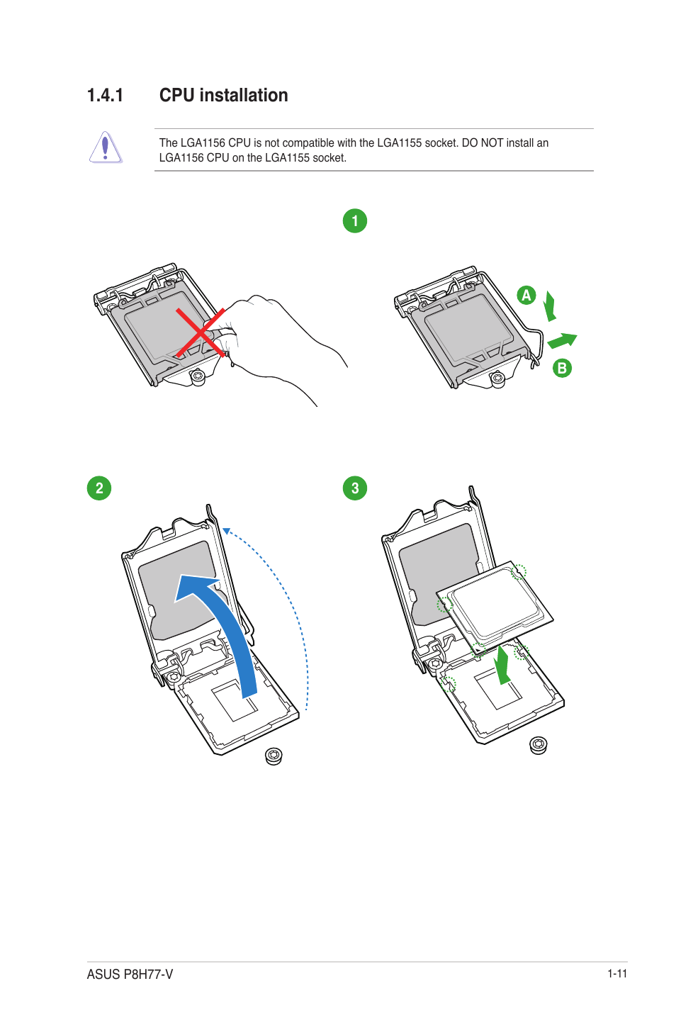 1 cpu installation, Cpu installation -11 | Asus P8H77-V User Manual | Page 25 / 90