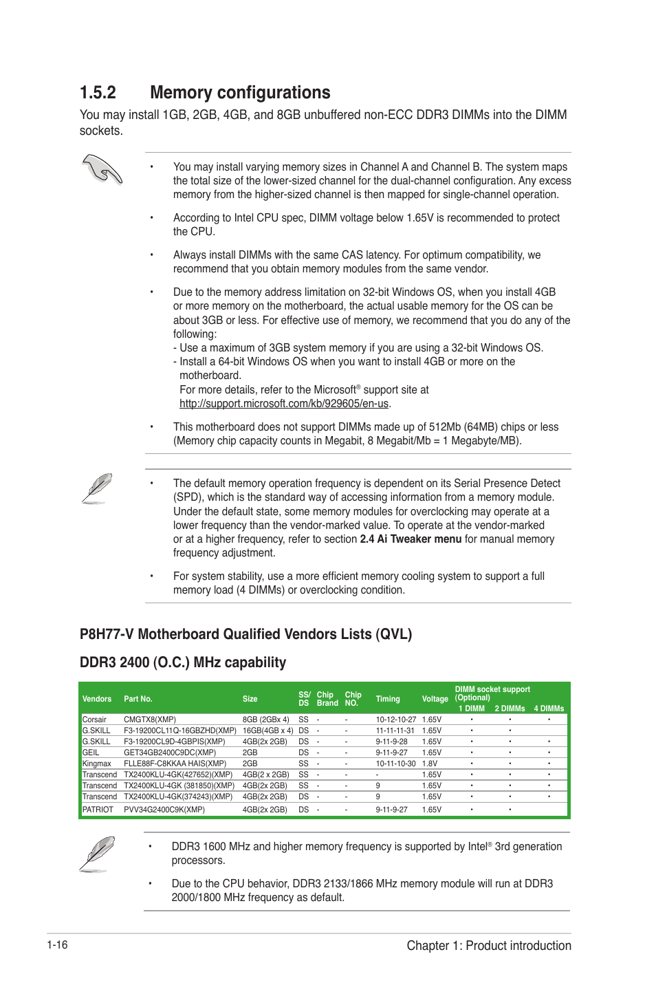 2 memory configurations, Memory configurations -16, Chapter 1: product introduction | Asus P8H77-V User Manual | Page 30 / 90