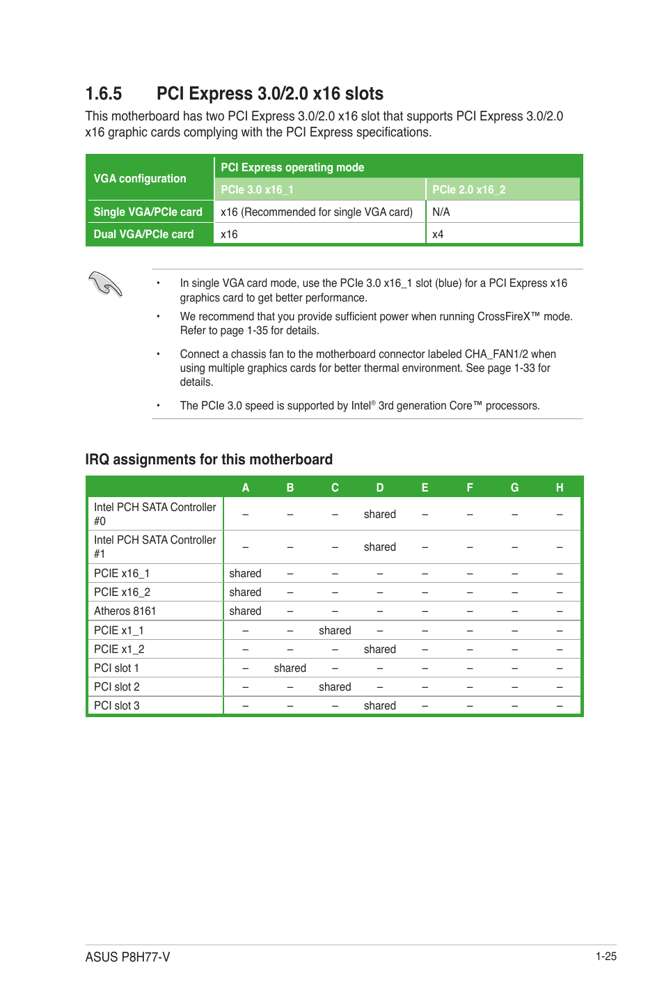 5 pci express 3.0/2.0 x16 slots, Pci express 3.0/2.0 x16 slots -25, Irq assignments for this motherboard | Asus P8H77-V User Manual | Page 39 / 90