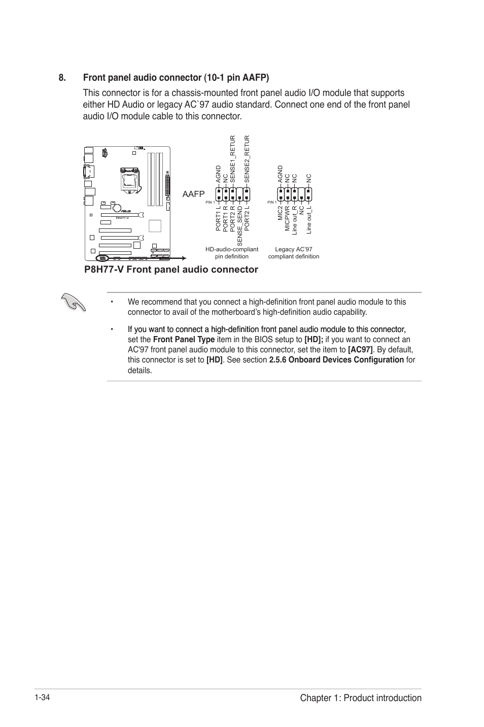P8h77-v front panel audio connector, Chapter 1: product introduction | Asus P8H77-V User Manual | Page 48 / 90