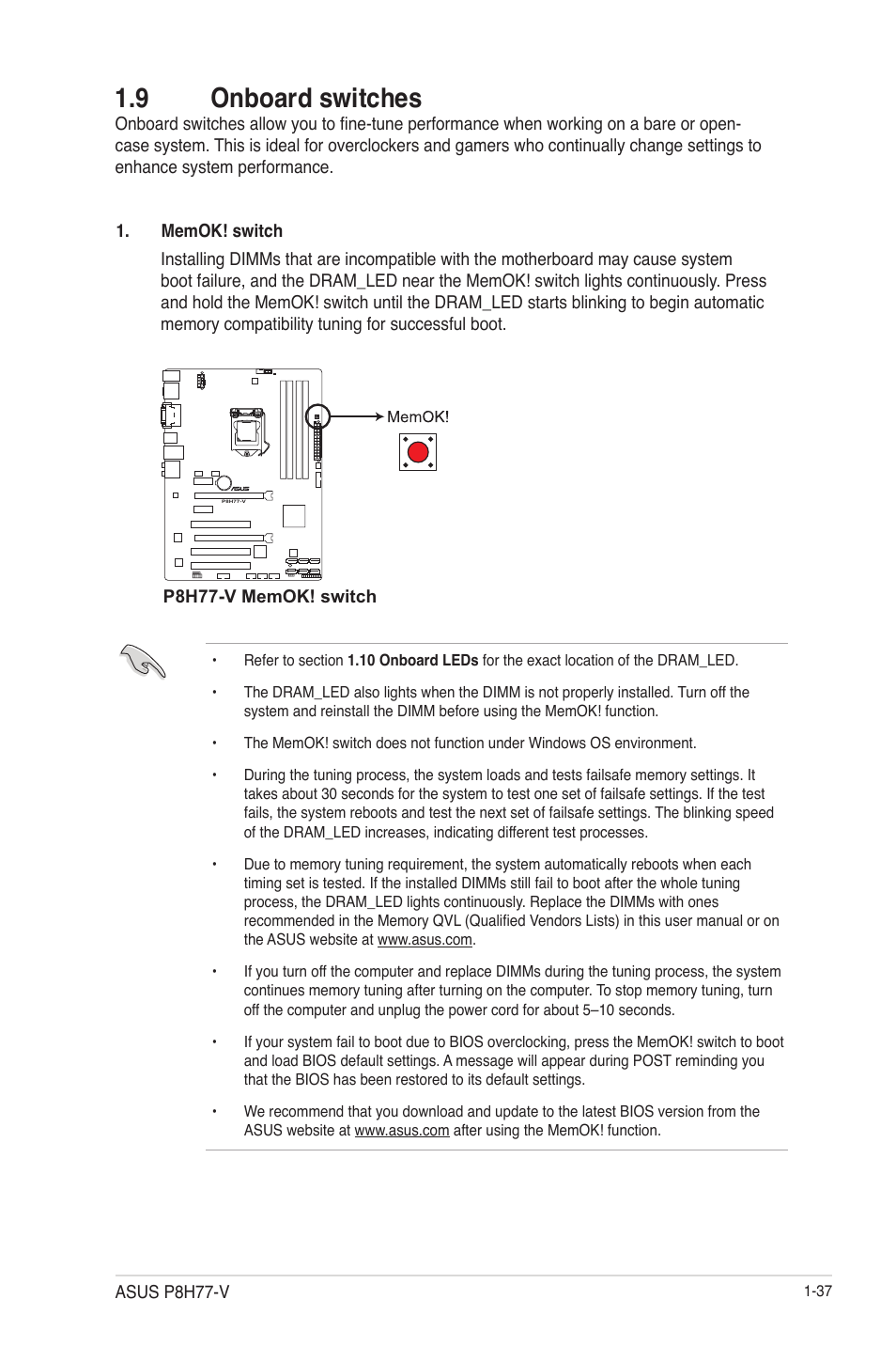 9 onboard switches, 9 onboard switches -37 | Asus P8H77-V User Manual | Page 51 / 90