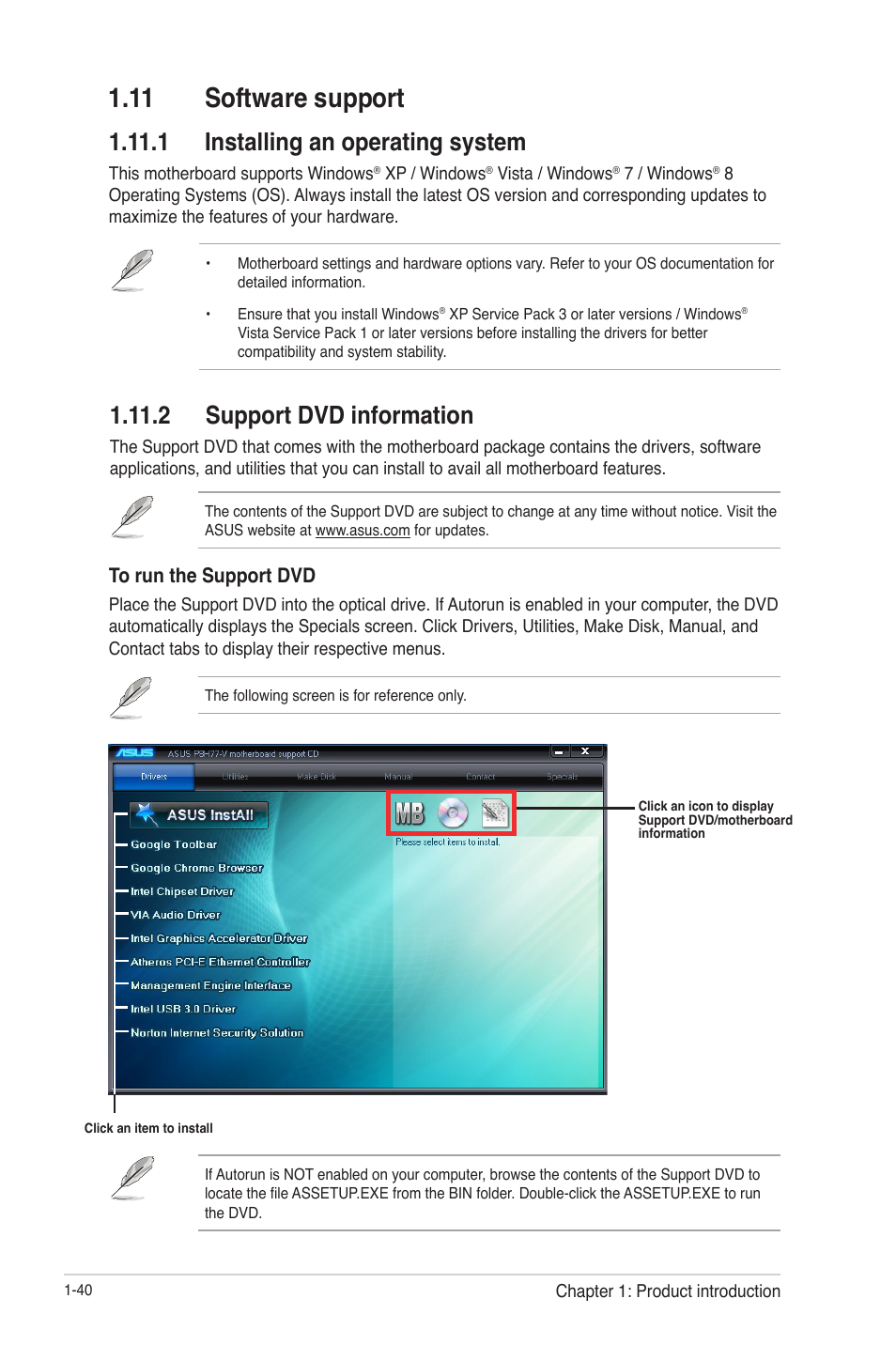 11 software support, 1 installing an operating system, 2 support dvd information | 11 software support -40 | Asus P8H77-V User Manual | Page 54 / 90