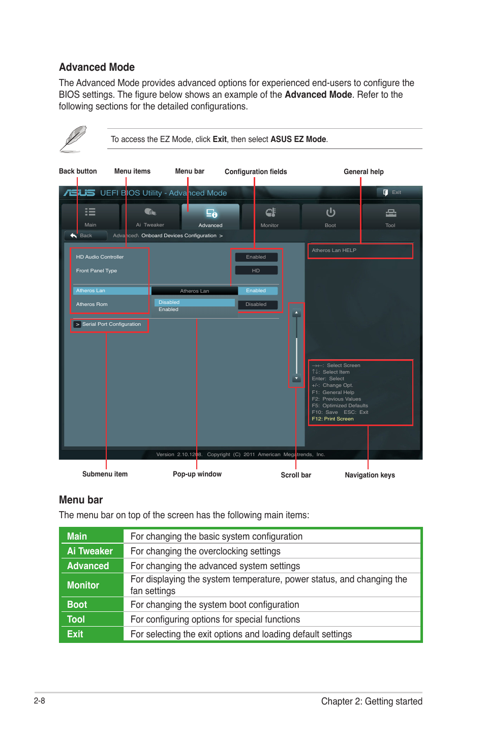 Advanced mode, Menu bar, Chapter 2: getting started | Asus P8H77-V User Manual | Page 62 / 90