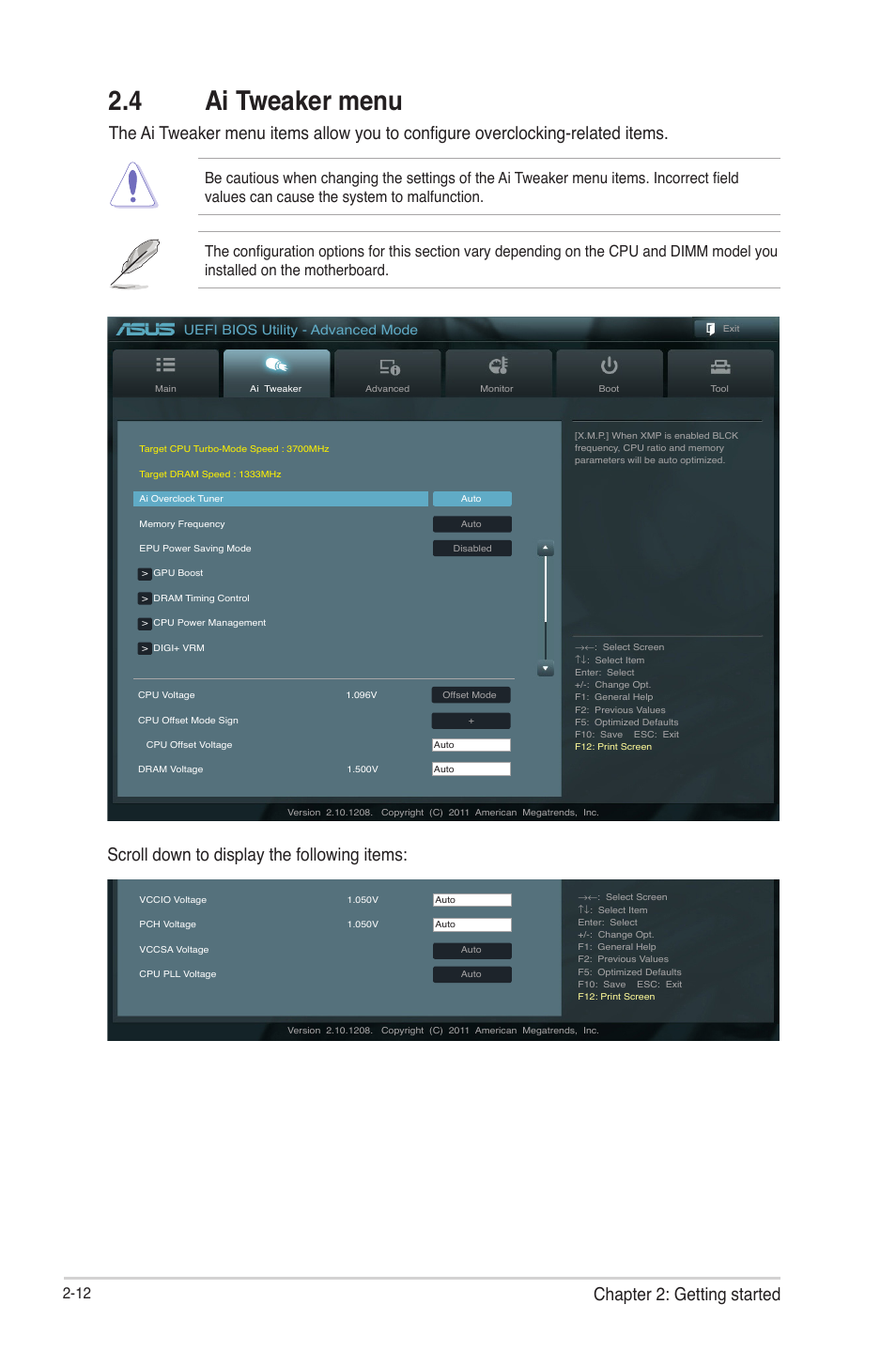 4 ai tweaker menu, 4 ai tweaker menu -12, Chapter 2: getting started | Scroll down to display the following items, Uefi bios utility - advanced mode | Asus P8H77-V User Manual | Page 66 / 90