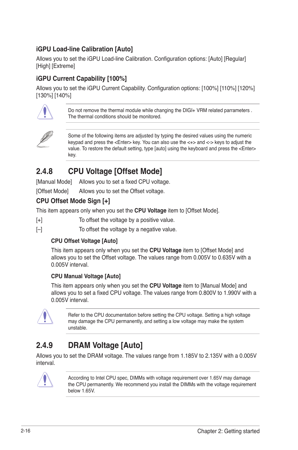 8 cpu voltage [offset mode, 9 dram voltage [auto, Cpu voltage [offset mode] -16 | Dram voltage [auto] -16 | Asus P8H77-V User Manual | Page 70 / 90