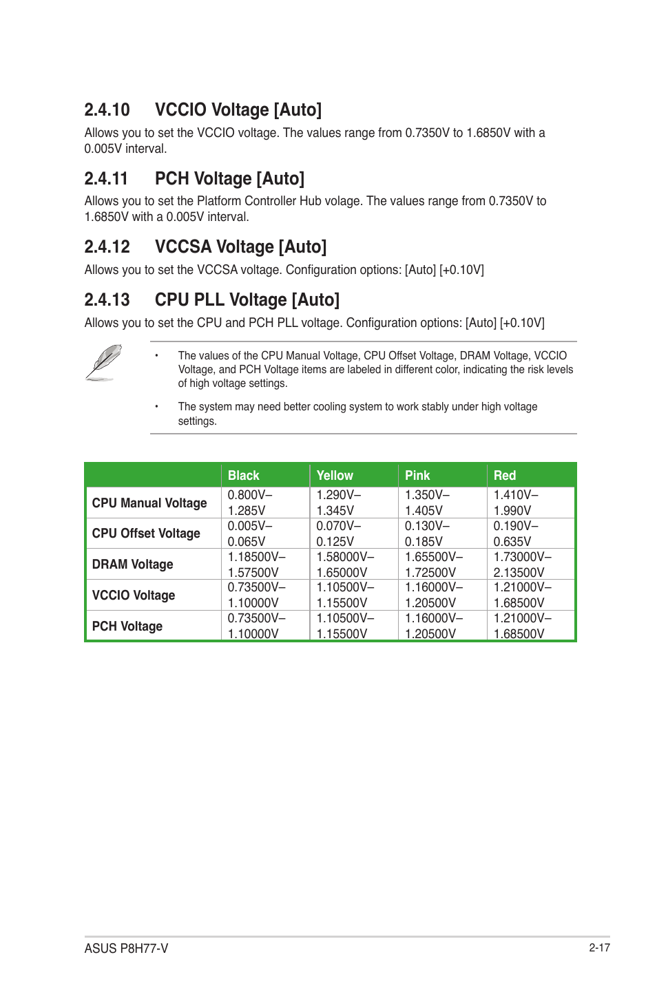 10 vccio voltage [auto, 11 pch voltage [auto, 12 vccsa voltage [auto | 13 cpu pll voltage [auto | Asus P8H77-V User Manual | Page 71 / 90
