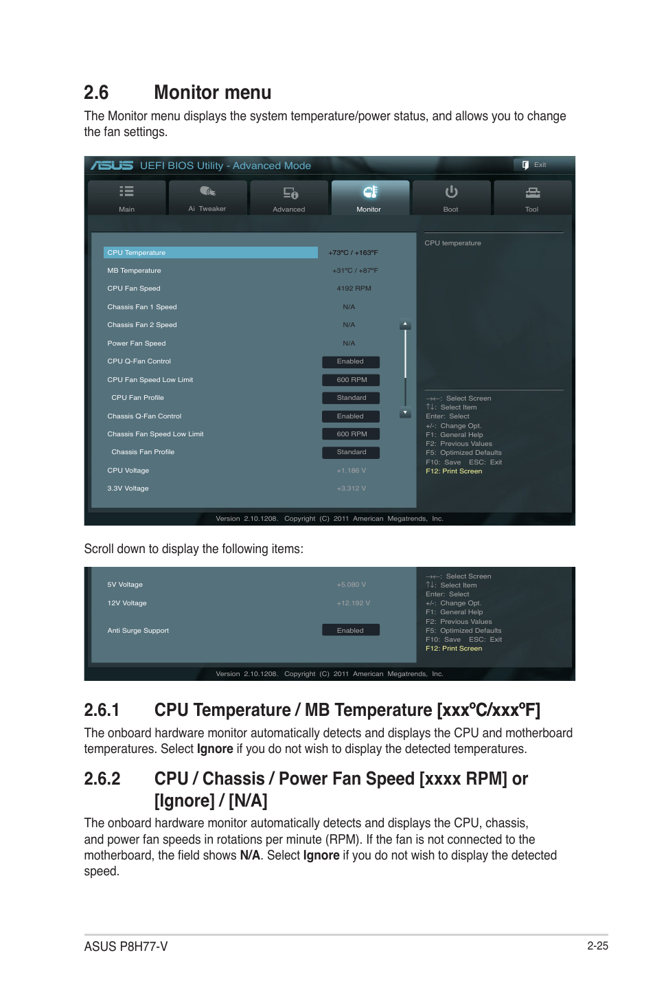 6 monitor menu, 1 cpu temperature / mb temperature [xxxºc/xxxºf, 6 monitor menu -25 | Cpu temperature / mb temperature [xxxºc/xxxºf] -25, Cpu / chassis / power fan speed -25, Asus p8h77-v | Asus P8H77-V User Manual | Page 79 / 90