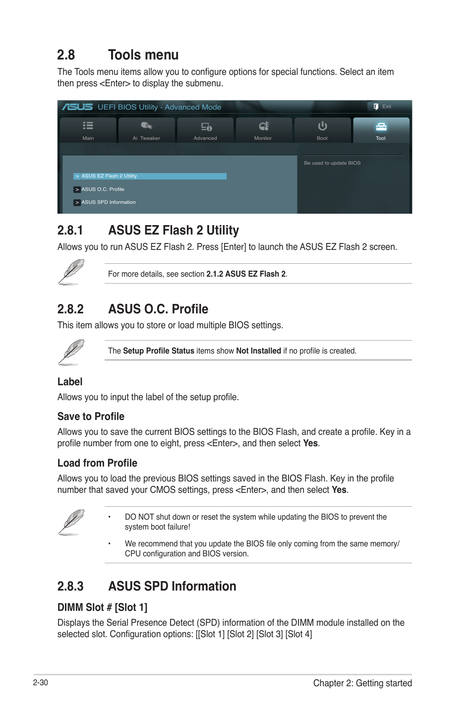 8 tools menu, 1 asus ez flash 2 utility, 2 asus o.c. profile | 3 asus spd information, 8 tools menu -30, Asus ez flash 2 utility -30, Asus o.c. profile -30, Asus spd information -30, Label, Save to profile | Asus P8H77-V User Manual | Page 84 / 90