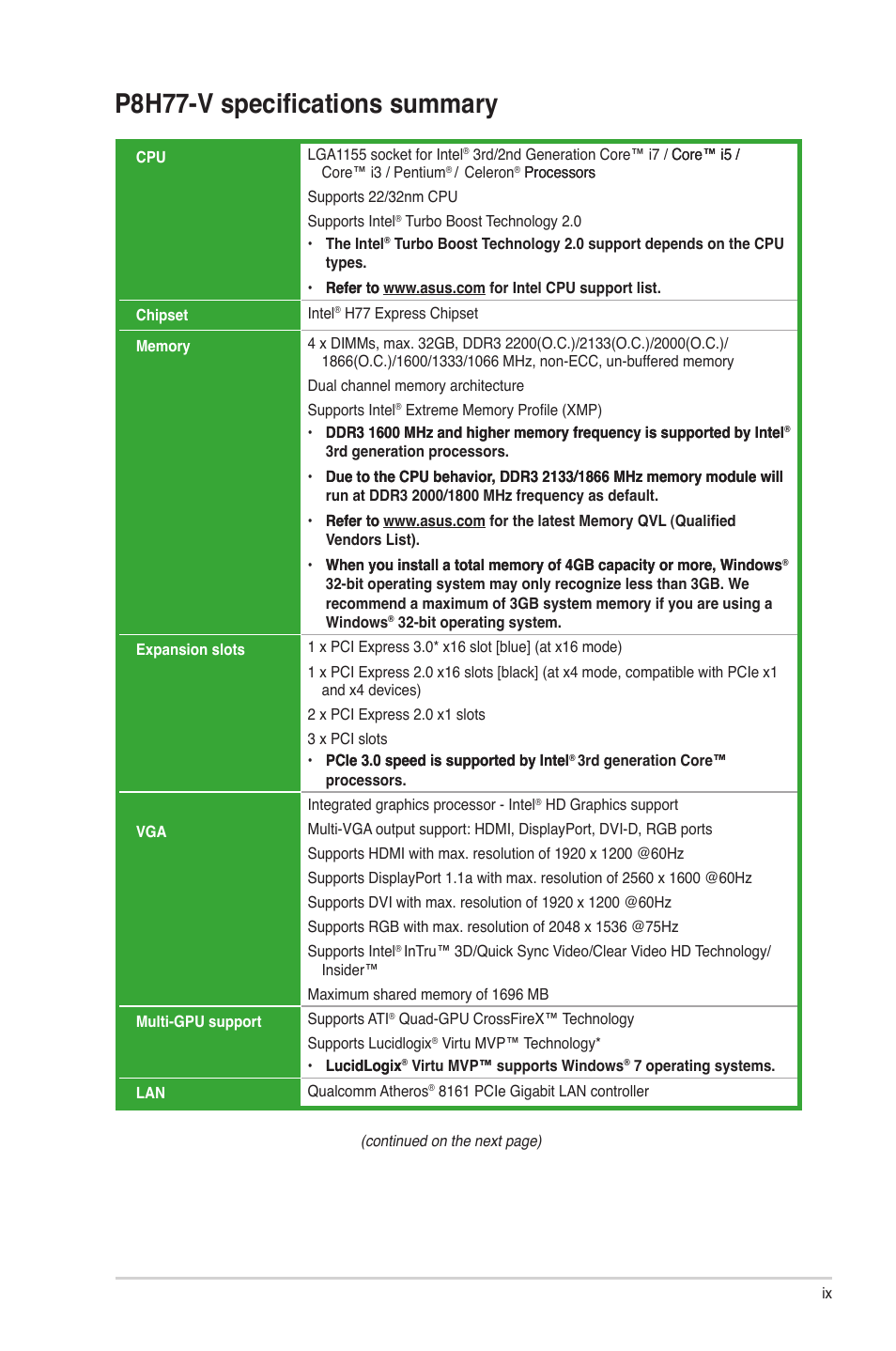P8h77-v specifications summary | Asus P8H77-V User Manual | Page 9 / 90