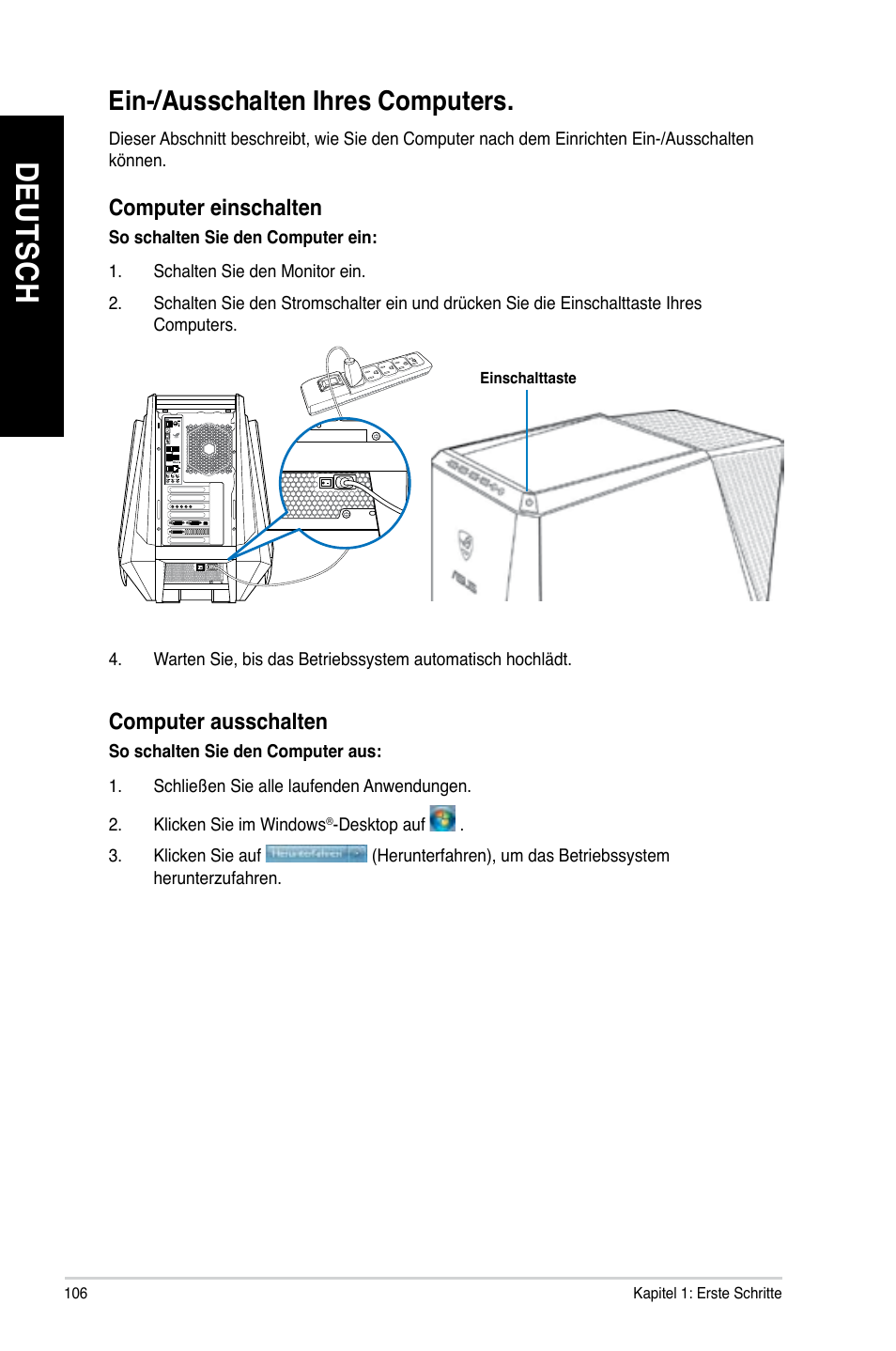 Ein-/ausschalten ihres computers, De ut sc h de ut sc h | Asus CG8890 User Manual | Page 108 / 632