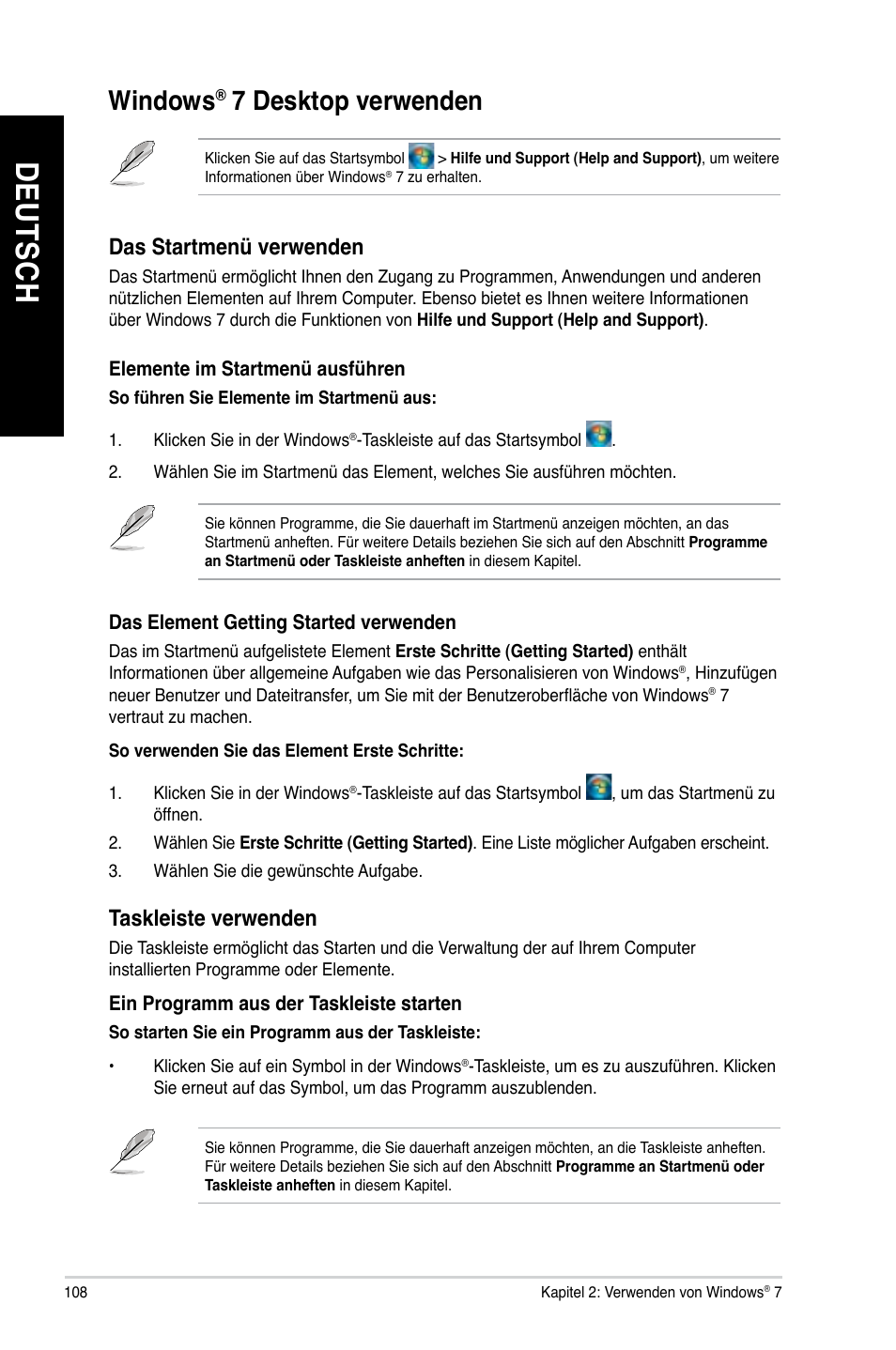 Windows® 7 desktop verwenden, Windows, 7 desktop verwenden | De ut sc h de ut sc h de ut sc h de ut sc h, Desktop.verwenden | Asus CG8890 User Manual | Page 110 / 632