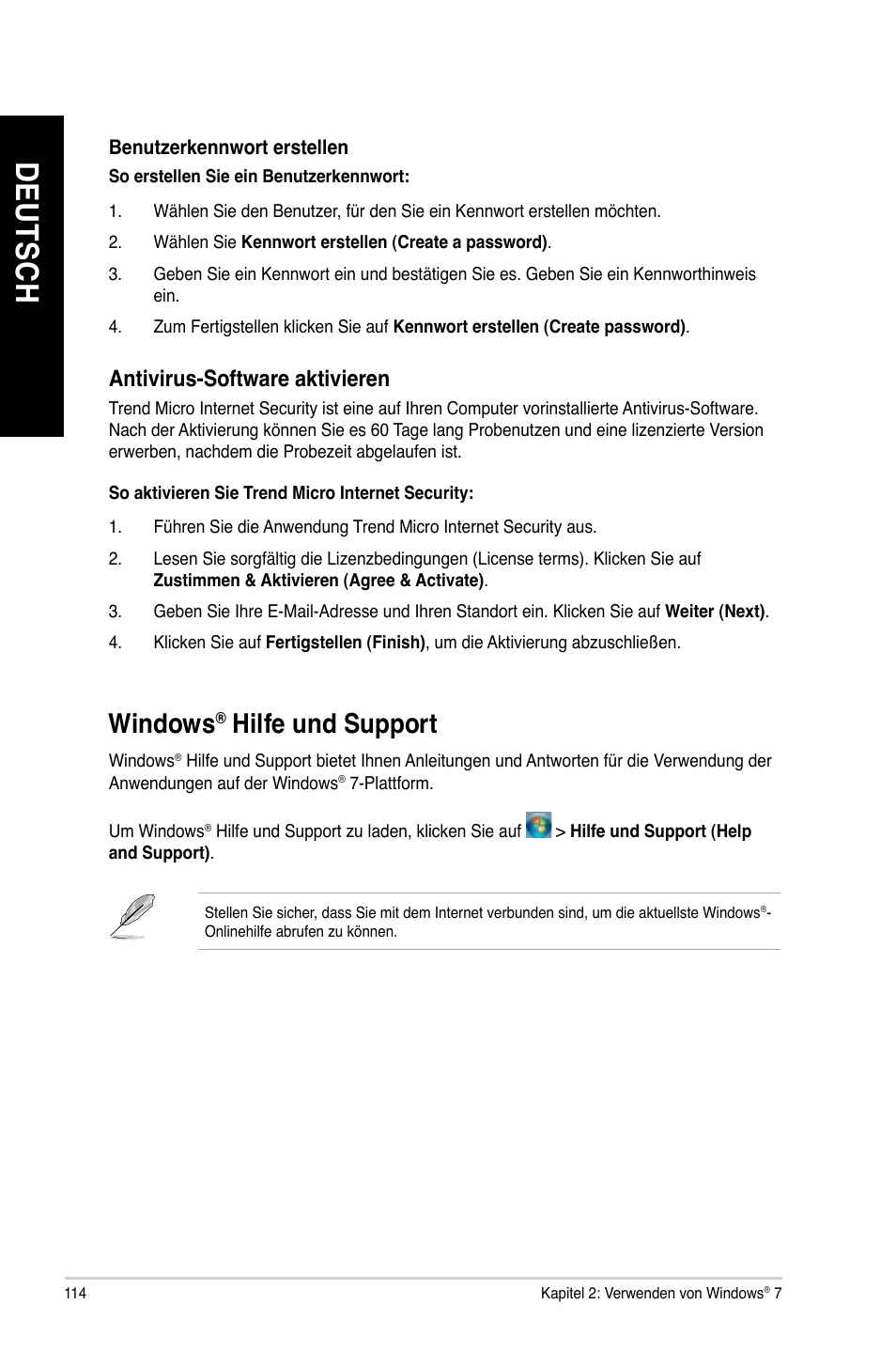 Windows® hilfe und support, Windows, Hilfe und support | De ut sc h de ut sc h, Hilfe.und.support, Antivirus-software.aktivieren | Asus CG8890 User Manual | Page 116 / 632