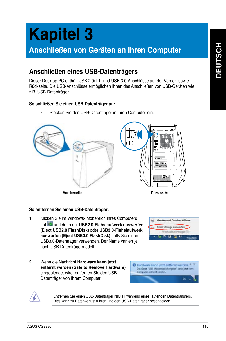 Kapitel 3, Anschließen von geräten an ihren computer, Anschließen eines usb-datenträgers | Kapitel.3, Anschließen.von.geräten.an.ihren.computer, De ut sc h de ut sc h | Asus CG8890 User Manual | Page 117 / 632