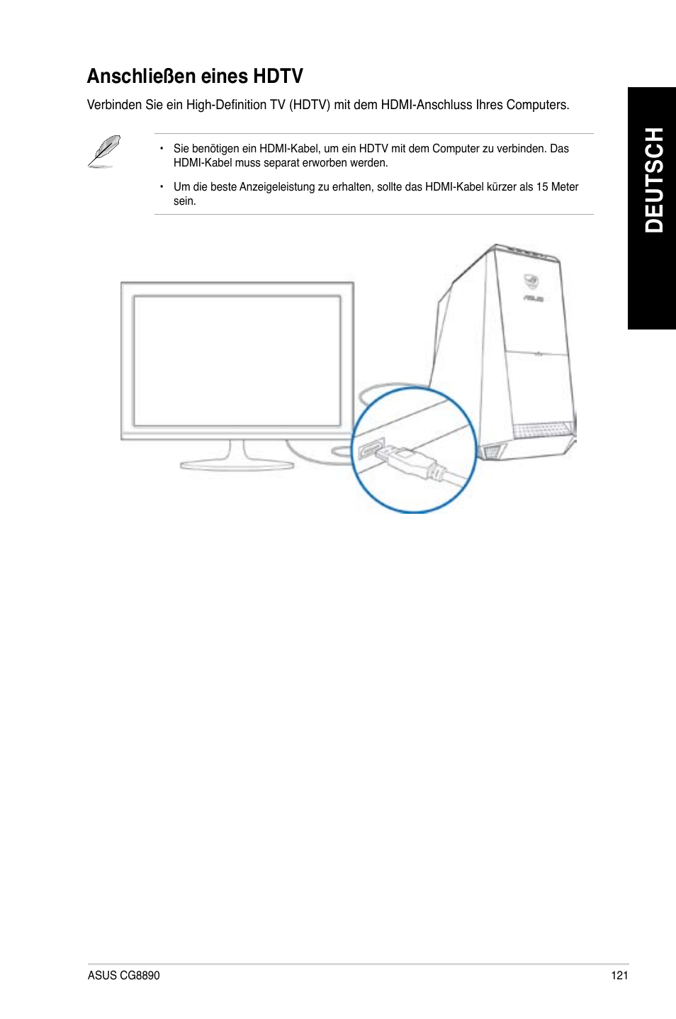 Anschließen eines hdtv, Anschließen eines hdtv 1, De ut sc h de ut sc h | Asus CG8890 User Manual | Page 123 / 632