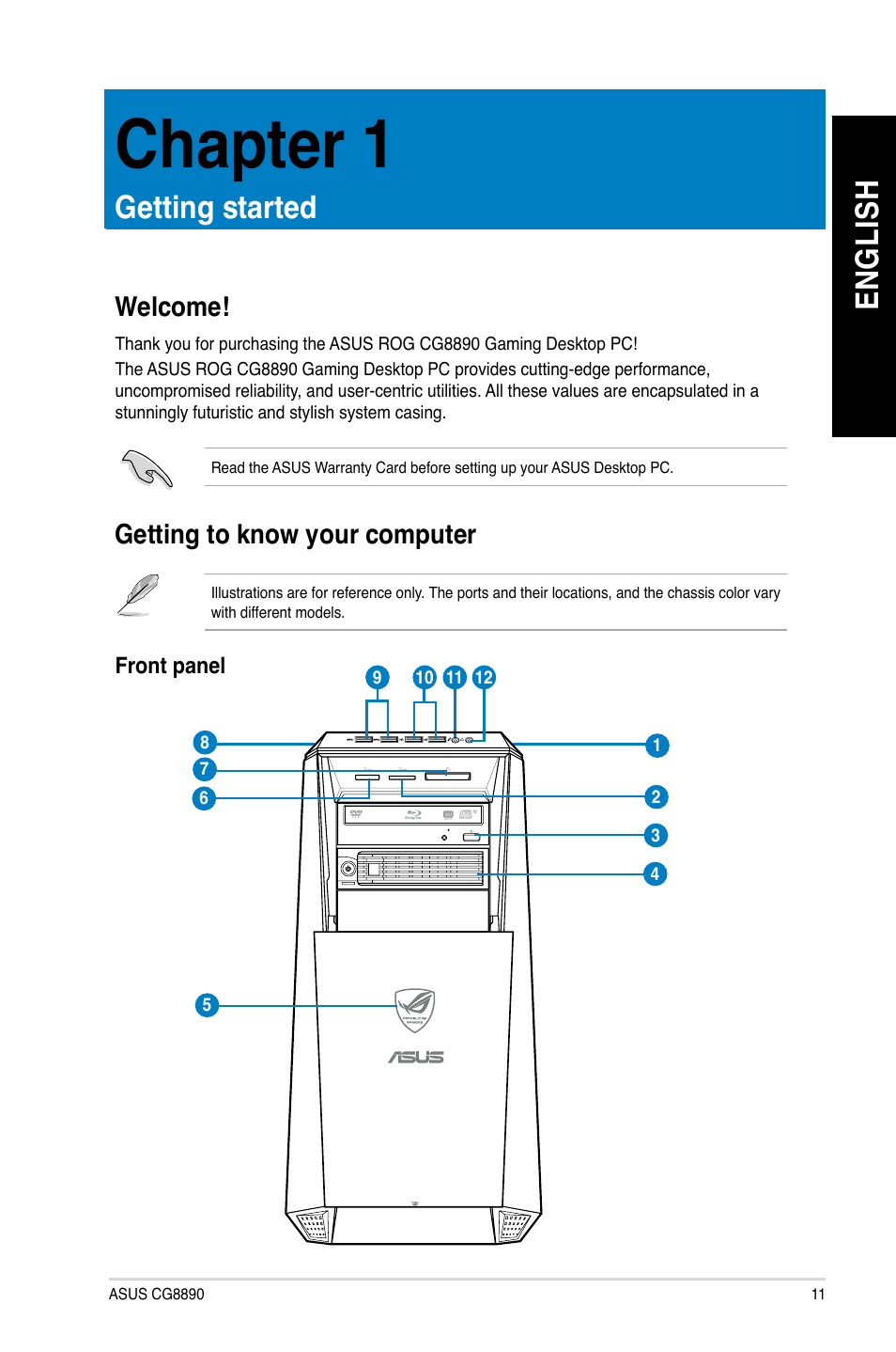 Chapter 1, Getting started, Welcome | Getting to know your computer, Chapter.1, Getting.started, Welcome! getting to know your computer, En gl is h en gl is h | Asus CG8890 User Manual | Page 13 / 632