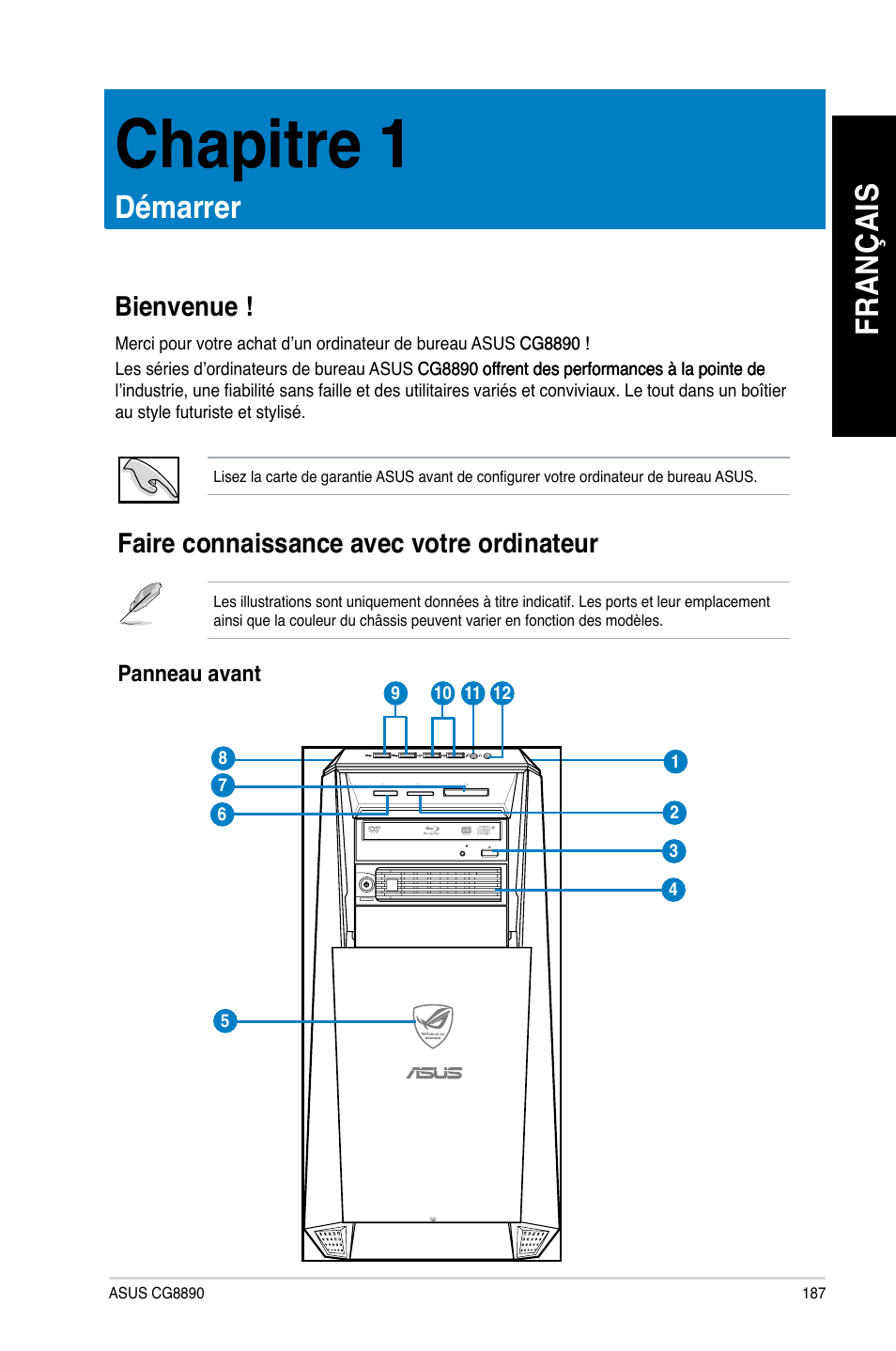 Chapitre 1, Démarrer, Bienvenue | Faire connaissance avec votre ordinateur, Chapitre.1, Chapitre 1 .1, Fr an ça is fr an ça is | Asus CG8890 User Manual | Page 189 / 632