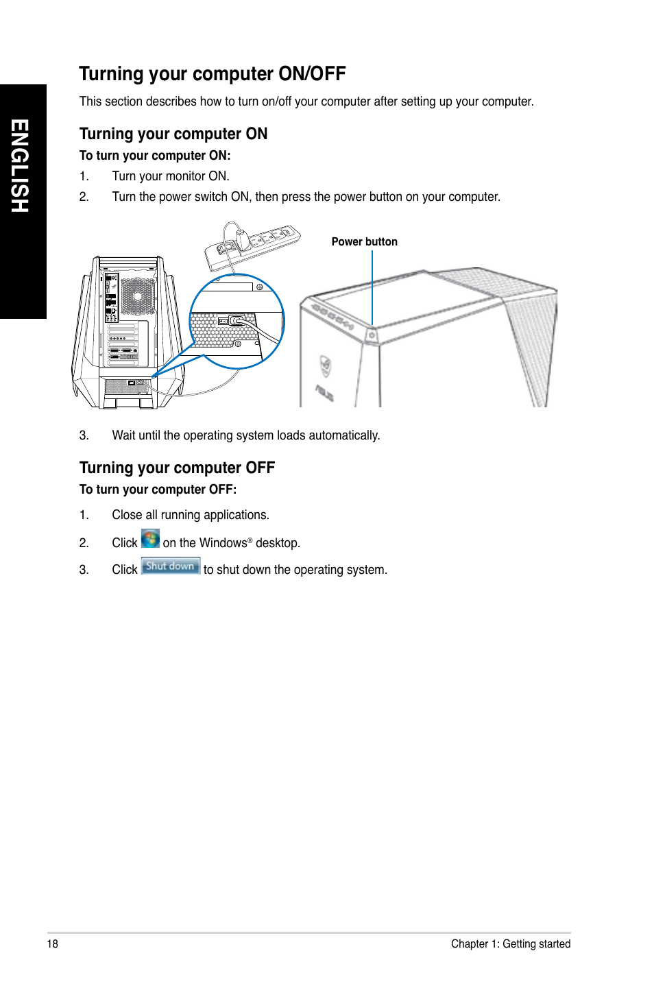 Turning your computer on/off, En gl is h en gl is h | Asus CG8890 User Manual | Page 20 / 632