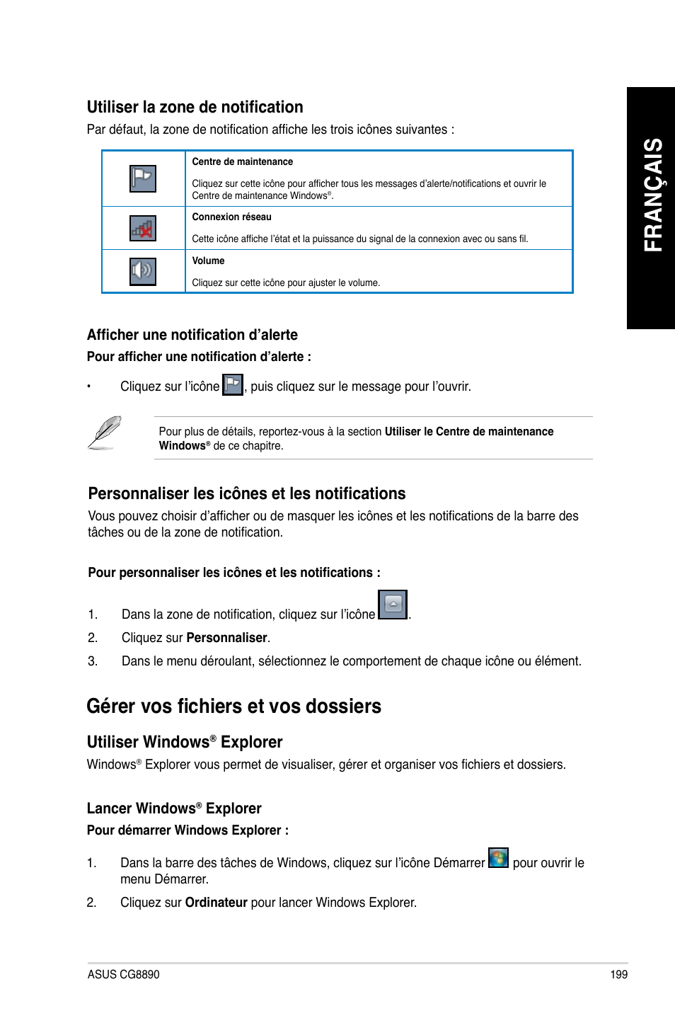 Gérer vos fichiers et vos dossiers, Fr an ça is fr an ça is | Asus CG8890 User Manual | Page 201 / 632