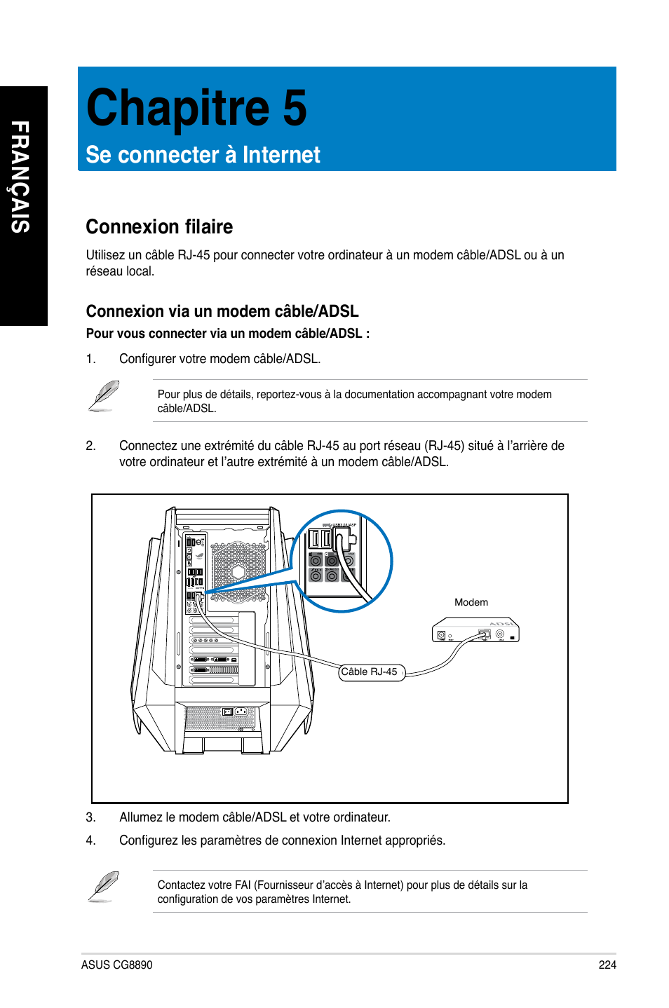 Chapitre 5, Se connecter à internet, Connexion filaire | Chapitre.5, Se.connecter.à.internet, Fr an ça is fr an ça is | Asus CG8890 User Manual | Page 226 / 632