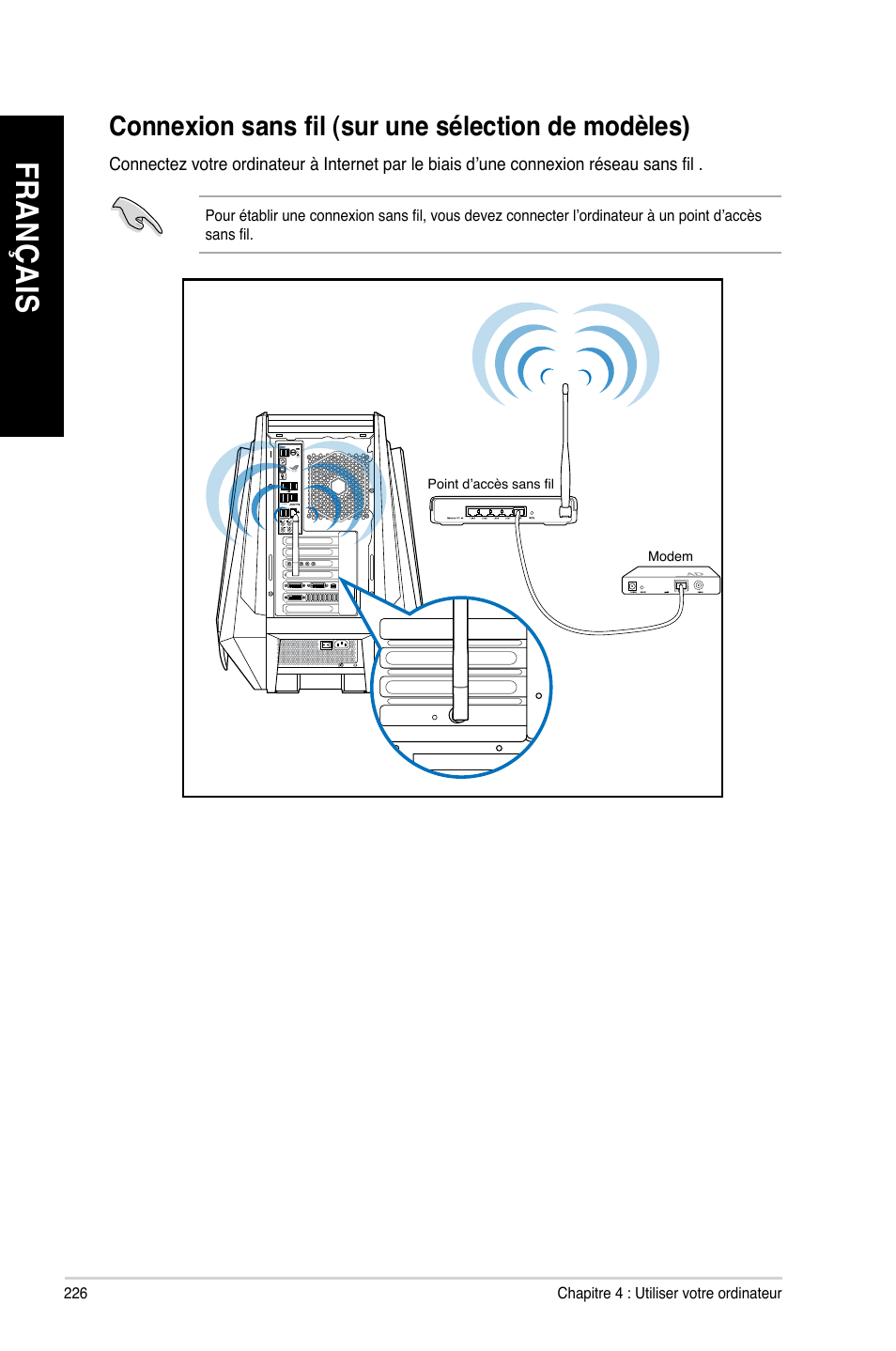 Connexion sans fil (sur une sélection de modèles), Fr an ça is fr an ça is fr an ça is fr an ça is | Asus CG8890 User Manual | Page 228 / 632