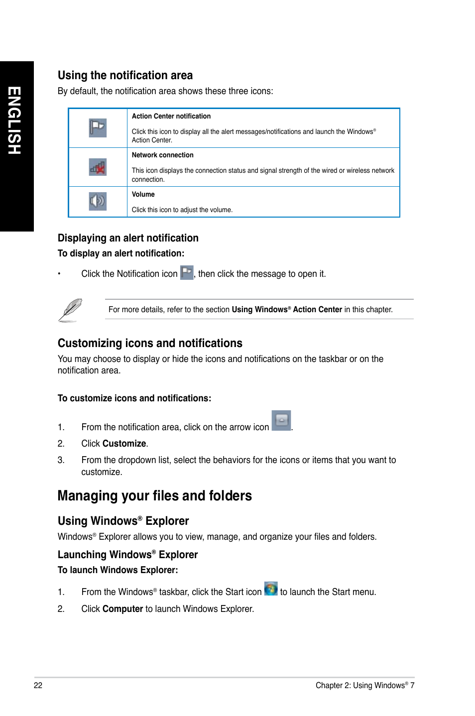 Managing your files and folders, En gl is h en gl is h en gl is h en gl is h | Asus CG8890 User Manual | Page 24 / 632