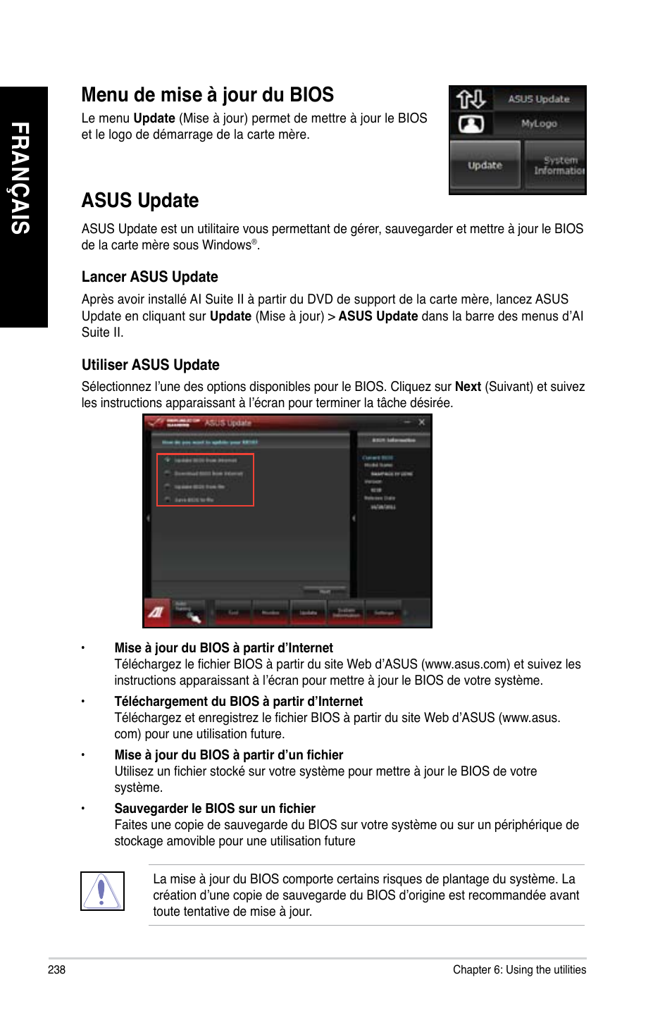 Asus update, Fr an ça is fr an ça is fr an ça is fr an ça is, Menu.de.mise.à.jour.du.bios | Asus.update | Asus CG8890 User Manual | Page 240 / 632