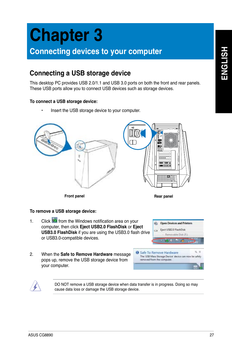 Chapter 3, Connecting devices to your computer, Connecting a usb storage device | Chapter.3, Connecting.devices.to.your.computer, En gl is h en gl is h | Asus CG8890 User Manual | Page 29 / 632