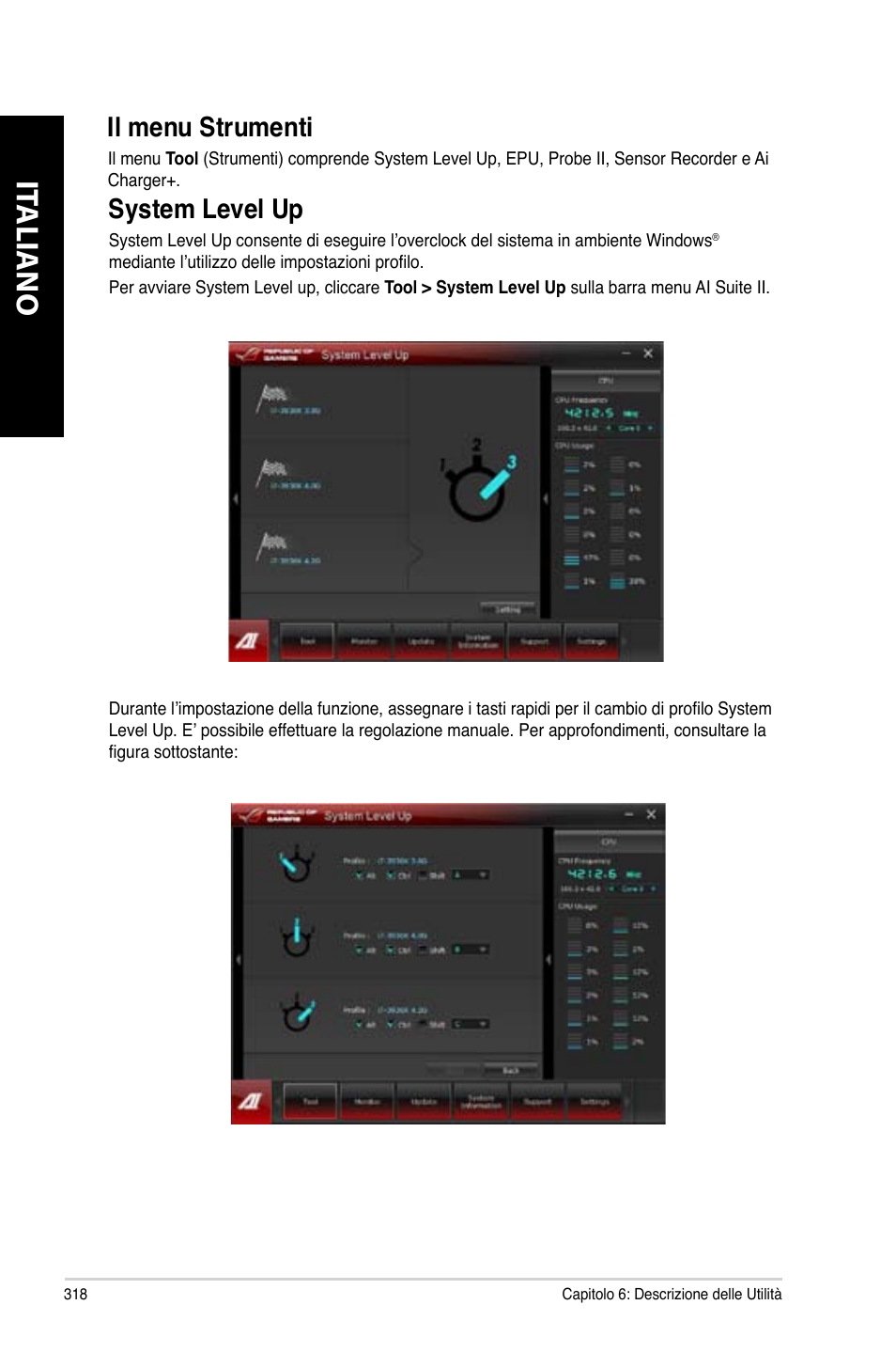 It aliano it aliano it aliano it aliano, Il.menu.strumenti, System.level.up | Asus CG8890 User Manual | Page 320 / 632