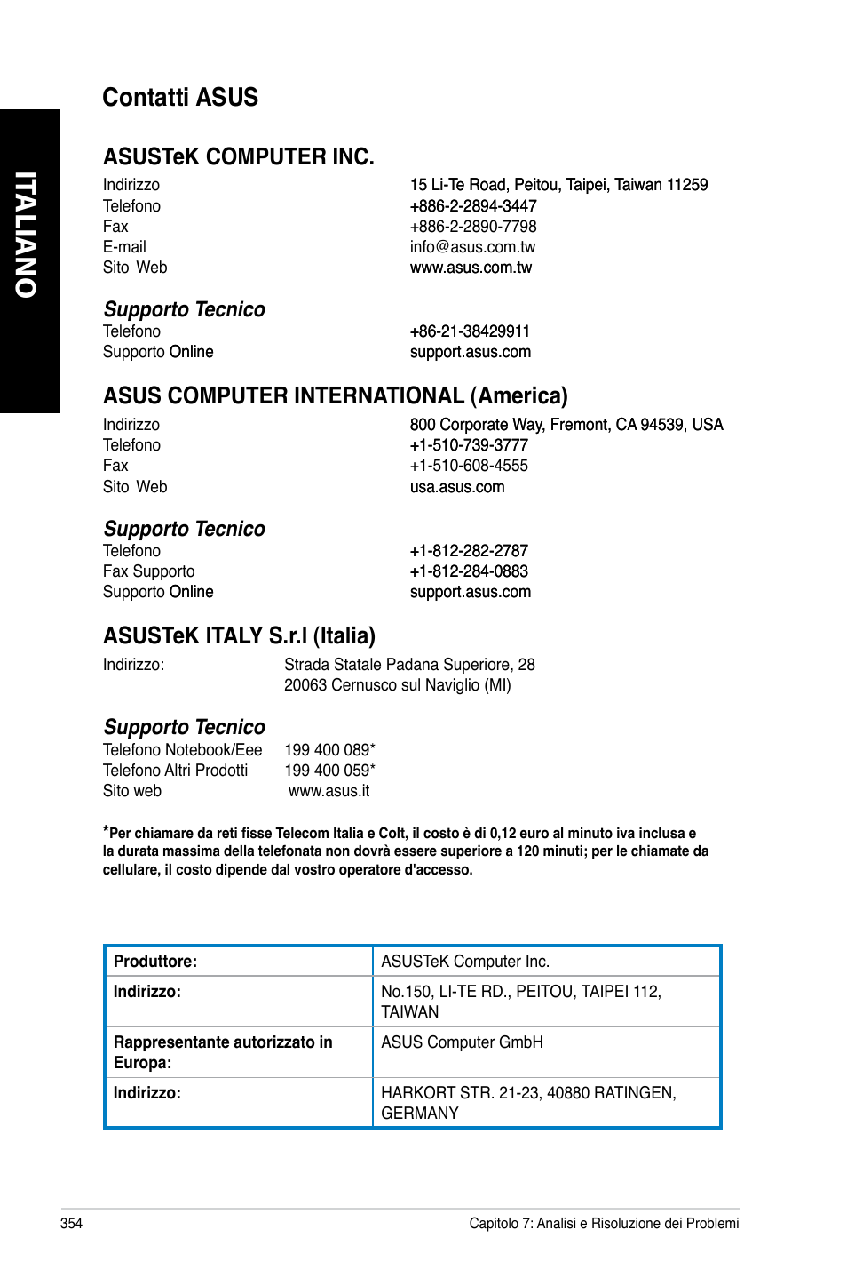 Contatti asus, It aliano it aliano, Contatti.asus | Asustek.italy.s.r.l.(italia), Supporto.tecnico | Asus CG8890 User Manual | Page 356 / 632