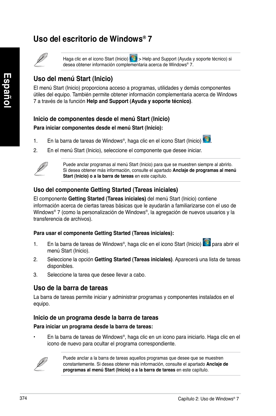 Uso del escritorio de windows® 7, Uso del escritorio de windows, Es pa ño l es pa ño l es pa ño l es pa ño l | Asus CG8890 User Manual | Page 376 / 632