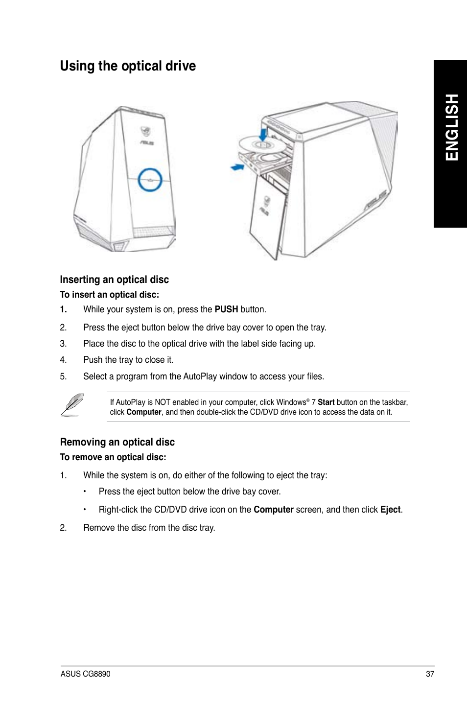 Using the optical drive, En gl is h en gl is h, Using.the.optical.drive | Asus CG8890 User Manual | Page 39 / 632