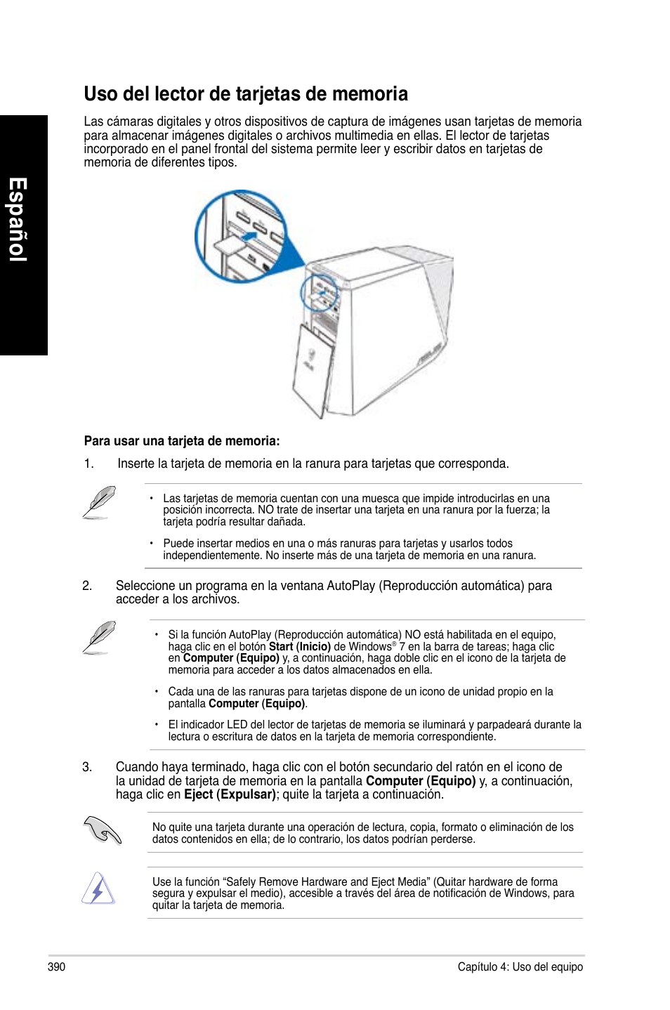 Uso del lector de tarjetas de memoria, Es pa ño l es pa ño l es pa ño l es pa ño l | Asus CG8890 User Manual | Page 392 / 632