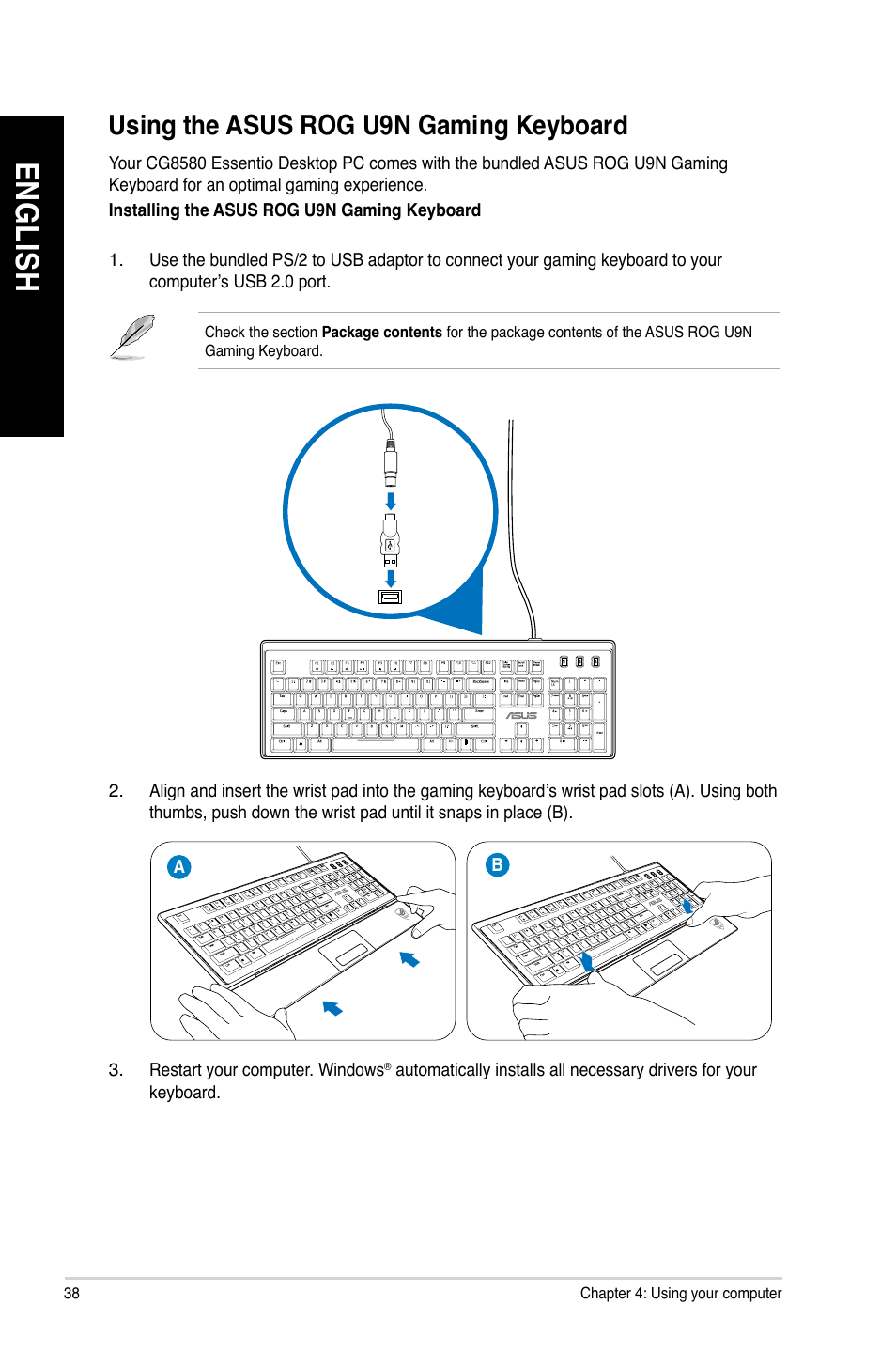 Using the asus rog u9n gaming keyboard, En gl is h en gl is h en gl is h en gl is h | Asus CG8890 User Manual | Page 40 / 632