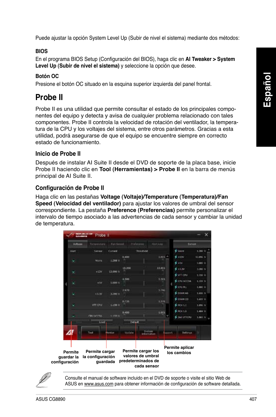 Probe ii, Es pa ño l es pa ño l | Asus CG8890 User Manual | Page 409 / 632