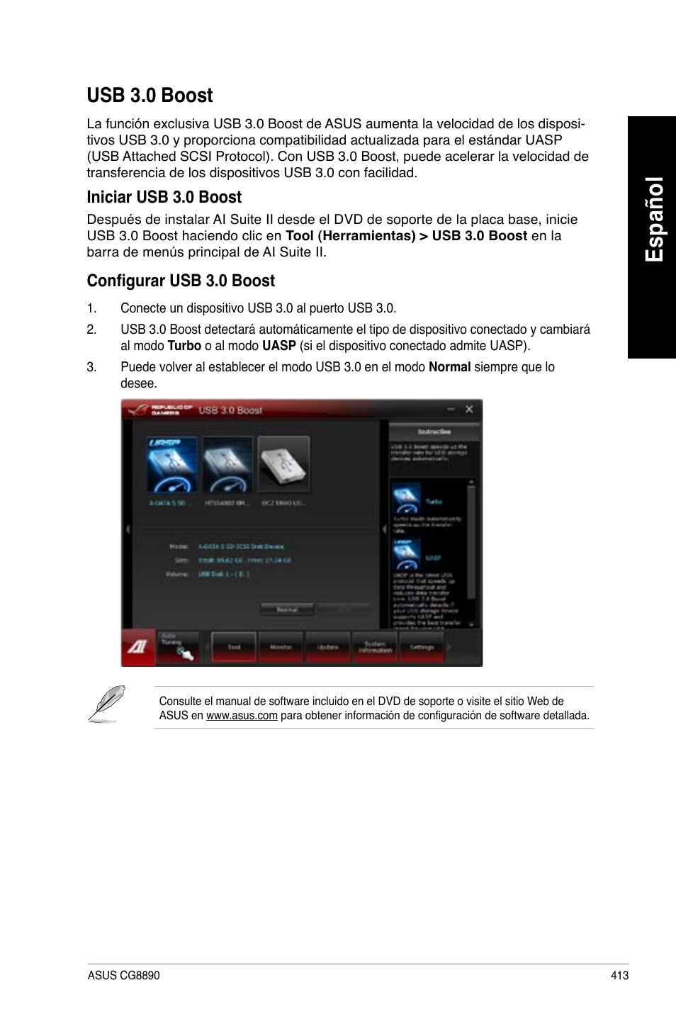 Usb 3.0 boost, Es pa ño l es pa ño l | Asus CG8890 User Manual | Page 415 / 632