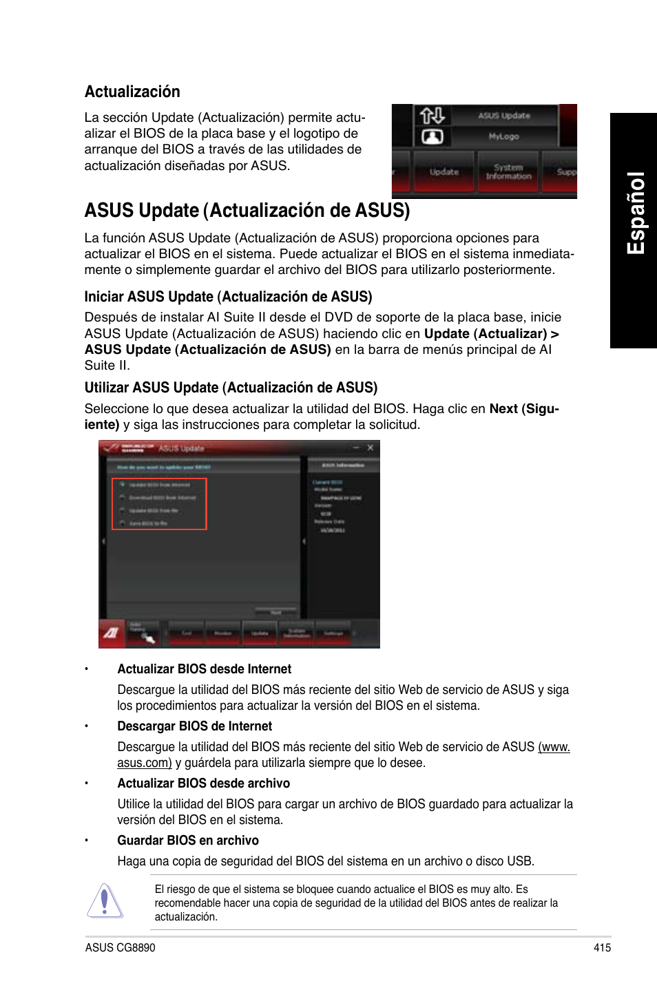 Asus update (actualización de asus), Asus update, Actualización de asus) | Es pa ño l es pa ño l | Asus CG8890 User Manual | Page 417 / 632