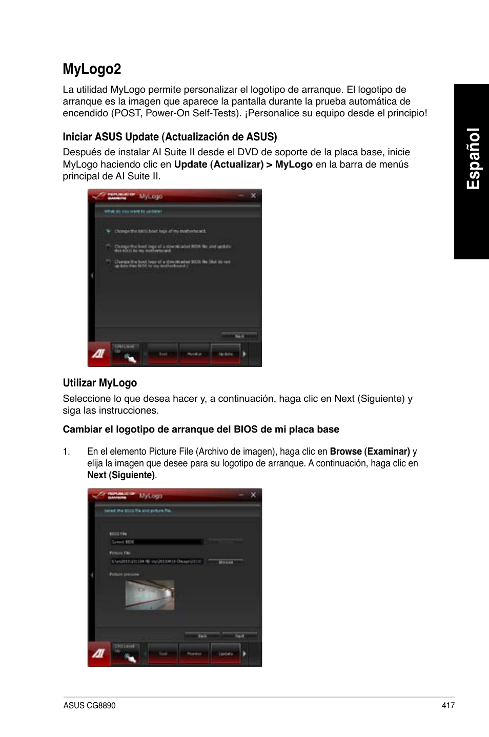 Mylogo2, Es pa ño l es pa ño l | Asus CG8890 User Manual | Page 419 / 632